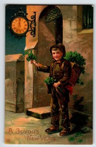 New Year Postcard Boy Four Leaf Clovers Clock Midnight EAS Germany Unposted