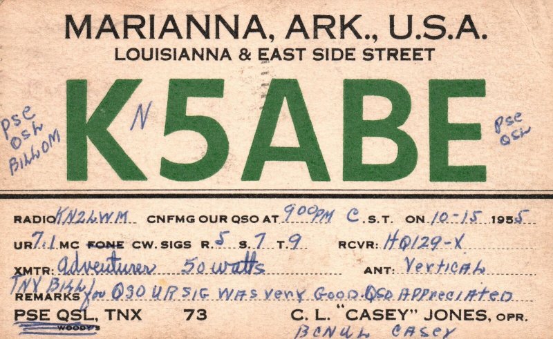 Vintage Postcard 1955 K5ABE Louisiana And Eastside Street Marion Arkansas AR