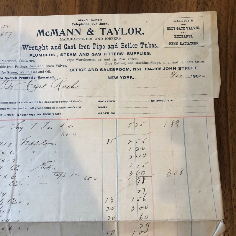 NEW YORK NY 1902 Billhead Invoice MCMANN & TAYLOR - wrought Iron Cast - vintage