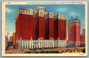 Postcard Chicago IL c1933 The Stevens Hotel Michigan Blvd 7th st to 8th st Linen