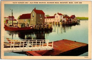 Motif No. One, Old Stone Wharves Bearskin Neck Rockport MA c1939 Postcard N33