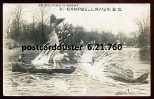 h965 - CAMPBELL RIVER BC 1935 Exaggeration Boat Fishing. Real Photo Postcard