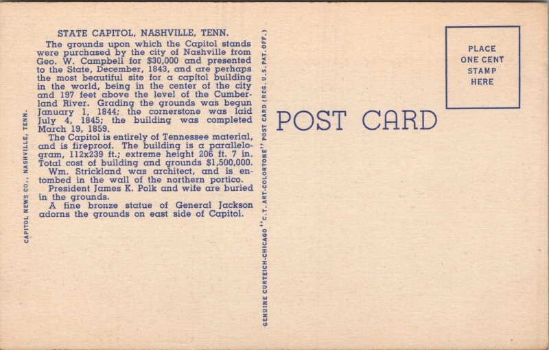 State Capitol Nashville TN Postcard PC381