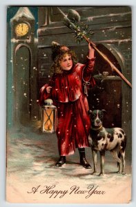 New Year Postcard Girl Great Dane  Dog Lantern Clock Embossed PFB 9526 Germany