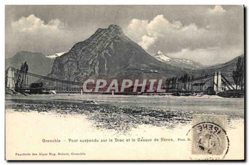 Old Postcard Suspension bridge over the Drac and Neron Grenoble helmet