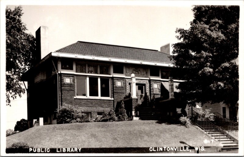 Real Photo Postcard Public Library in Clintonville, Wisconsin