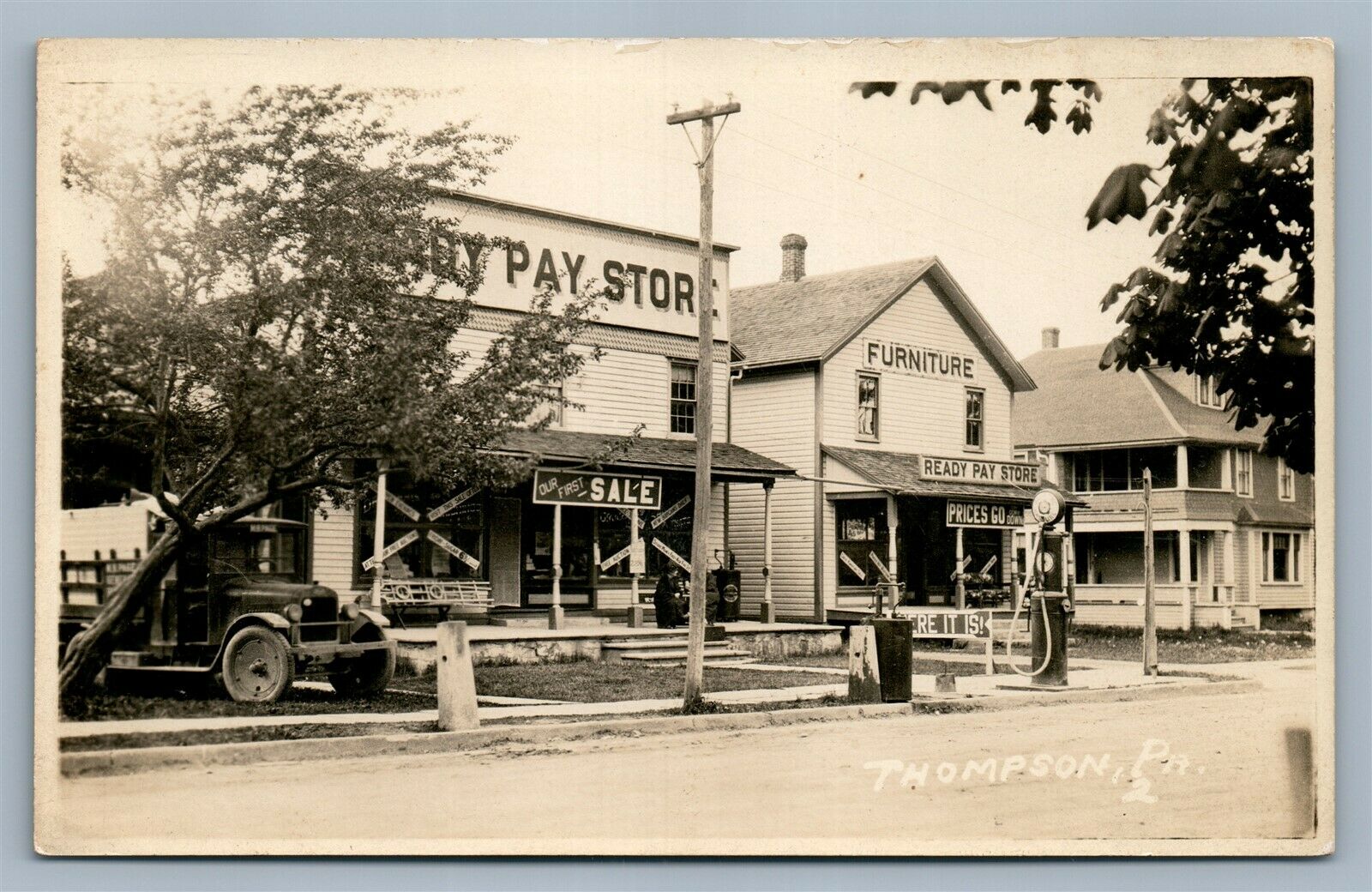 Thompson PA GAS Station Street Store Fronts Antique Real Photo Postcard