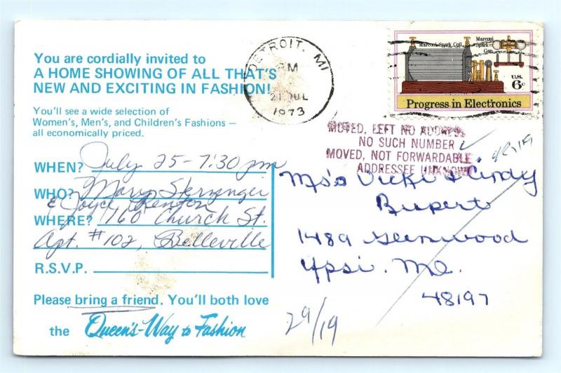 Postcard Queen's Way Fashion Home Party Invitation Advertising 1970s MI #2  J11