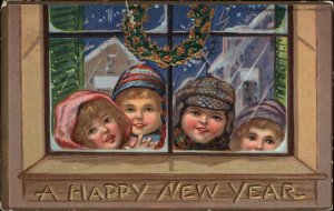 New Year Children in Winter Hats Look in Window c1910 Vintage Postcard