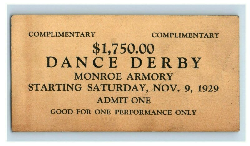 1929 $1,750 Dance Derby Monroe Michigan Armory Ticket Vintage Original F43