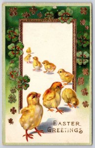 Easter Greetings Chicks And Lucky Four Leaf Holiday Wishes Postcard