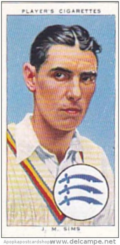 Player Cigarette Card Cricketers 1938 No 23 J M Sims Middlesex &  England