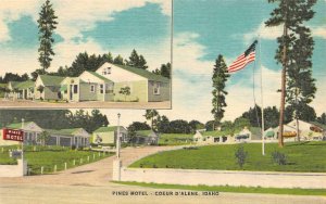 COEUR D'ALENE, Idaho ID    PINES MOTEL~CABINS  Roadside  ca1940's Linen Postcard