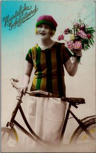 Beautiful Glamour Lady With Hat On A Bike Vintage RPPC 09.63 