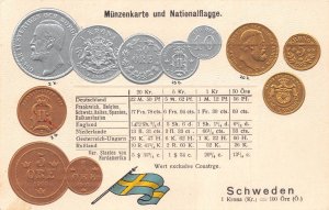 Sweden Flag Exchange Table Coins embossed coinage postcard C314