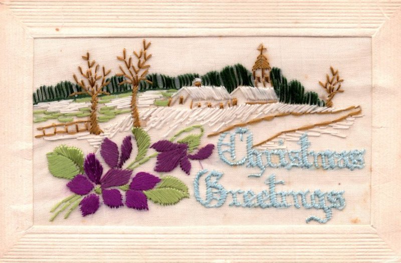 Christmas Greetings Antique Circa WW1 Silk Postcard