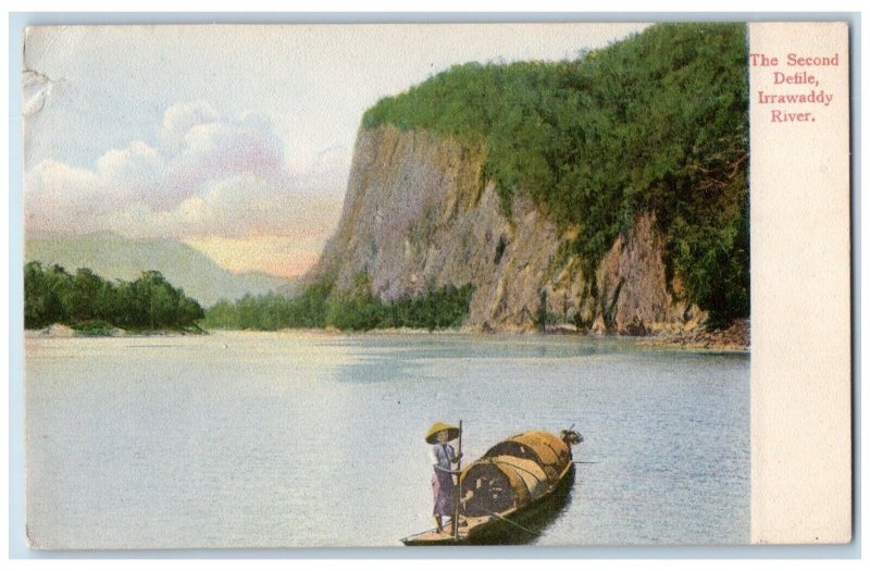 c1910's The Second Defile Irrawaddy River View Man Boat Burma Myanmar Postcard