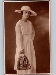 c1910 Wealthy Oriental Asian Woman Purse Extravagant Hat RPPC Real Photo