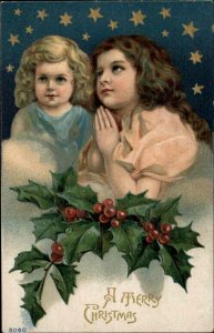 Christmas Pretty Little Girls Praying c1910 Vintage Postcard