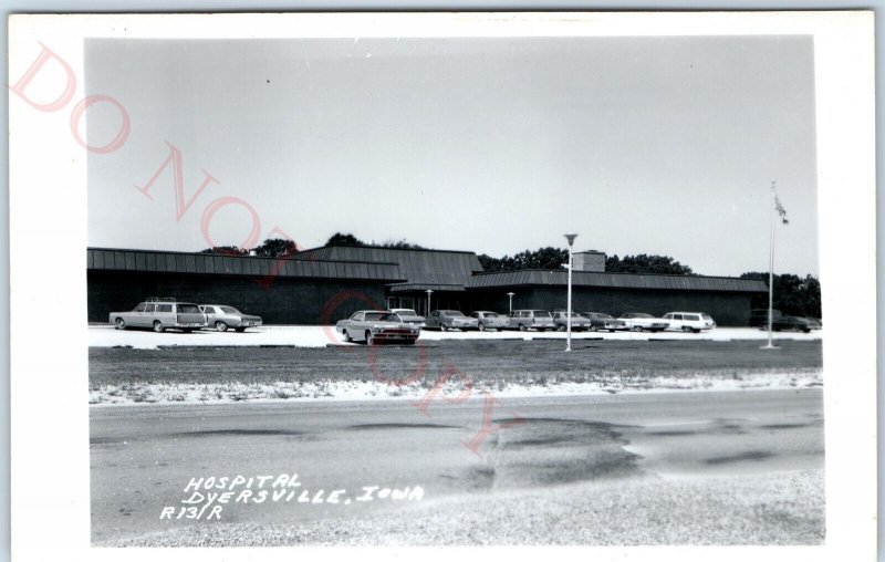 c1960s Dyersville, IA RPPC Hospital Building Real Photo Postcard Parked Car A107