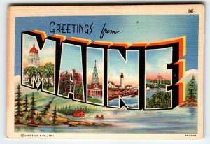 Greetings From Maine Large Big Letter Postcard Linen Curt Teich Unused Rustic