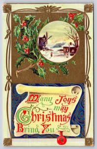 Holiday~Holly Home Windmill & Scroll Many Joys Christmas~Vintage Postcard