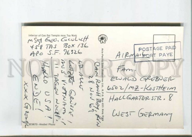 473247 South Vietnam Interior Cao Dai Temple Tay Ninh Germany Postage Paid RPPC