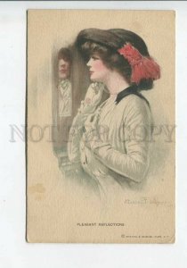 436132 UNDERWOOD Lady Mirror Pleasant Reflections Vintage postcard R&N #350