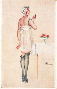 Beautiful Woman W/Apples Artist Georges Léonnec, France Post Card