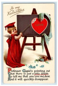 1912 Valentine Professor Cupid Pointing Heart On Board Posted Antique Postcard