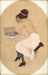 Raphael Kirchner - Beautiful Semi Nude Woman Putting on Makeup Postcard