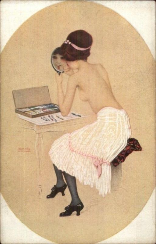 Raphael Kirchner - Beautiful Semi Nude Woman Putting on Makeup Postcard