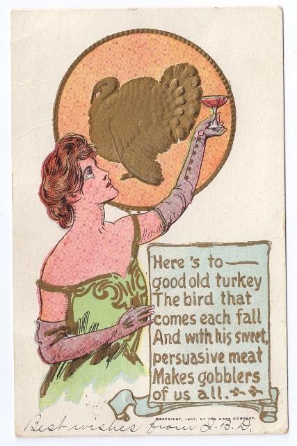 Pretty Lady Toasts Turkey Vintage Rose Co Thanksgiving Postcard Embossed 1907