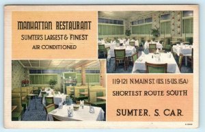 SUMTER, South Carolina SC ~ Roadside MANHATTAN RESTAURANT 1951 Linen  Postcard