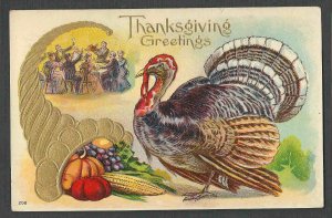 POST CARD THANKSGIVING GREETING W/TURKEY & FRUIT CELLULOID EMBOSSED POSTED