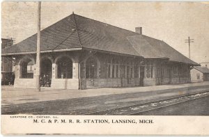 MC & PMRR STATION Lansing, Michigan Railroad Train Depot Antique Postcard 1908