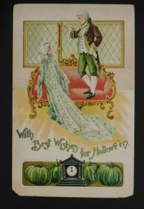 1908 Gottchalk Halloween Postcard Lady and Gentleman w/ Green Pumpkins, Clock