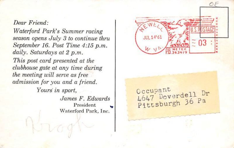 Chester, W Va, USA Clubhouse Turn, Waterford Park Horse Racing 1961 Missing S...