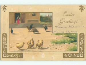 Pre-Linen easter MANY CHICKENS IN THE BARNYARD k2893