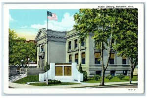 c1940's Public Library Building US Flag Entrance Manistee Michigan MI Postcard
