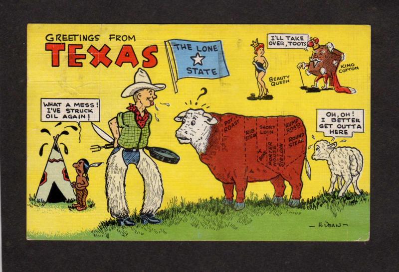 TX Greetings From Texas Cowboy Bull Linen Comic Texas Postcard H Dean  Signed