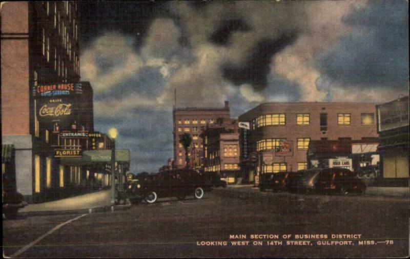 Gulfport MS Business District at Night Postcard NEON COCOA COLA SIGN