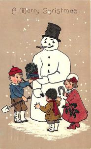 Snowman Children A Merry Christmas 4 Leaf Clovers, in 1915 Postcard