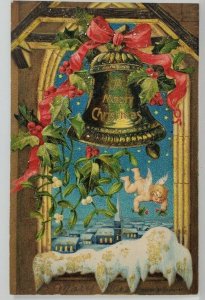 Christmas Greetings Beautiful Glitter Decorated Bell Cherub Night Postcard S9