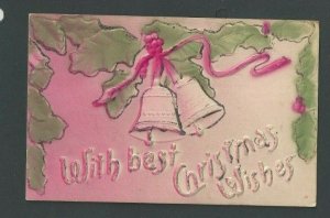 Ca 1908 Post Card Xmas Greetings Pink & Green Airbrushed Embossed W/Tinsel