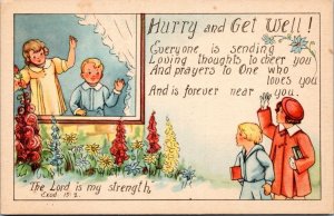 Postcard Greetings Get Well Religious Children waving through window