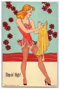 Risque Postcard Pretty Woman Pin Up Step In High Flowers c1930's Vintage