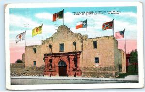 Under Six Flags The Alamo San Antonio TX Confederacy Battle Flag Postcard D61