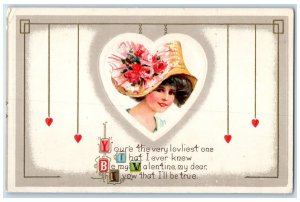 c1910's Valentine Pretty Woman Floral Hat Hearts Embossed Antique Postcard