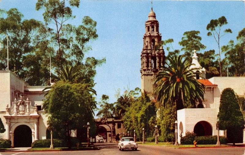 SAN DIEGO CA TOWER PLAZA DE PANAMA~BALBOA (TYPO) PARK~OLD CAR POSTCARD 1956